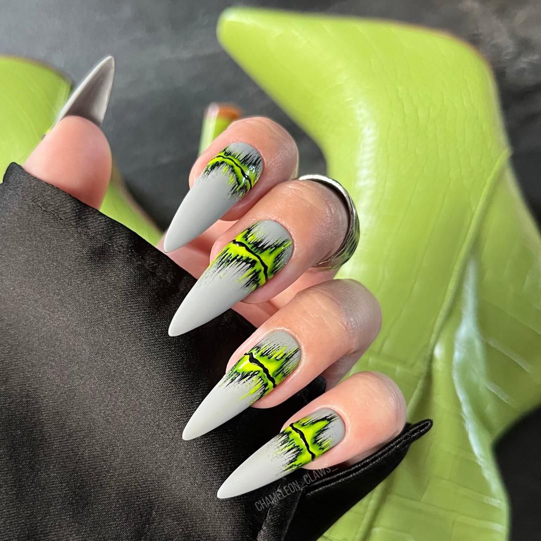 Matte Grey with Neon Green Abstract Art Matte Grey with Neon Green Abstract Art — Neon Stiletto Nails 2027