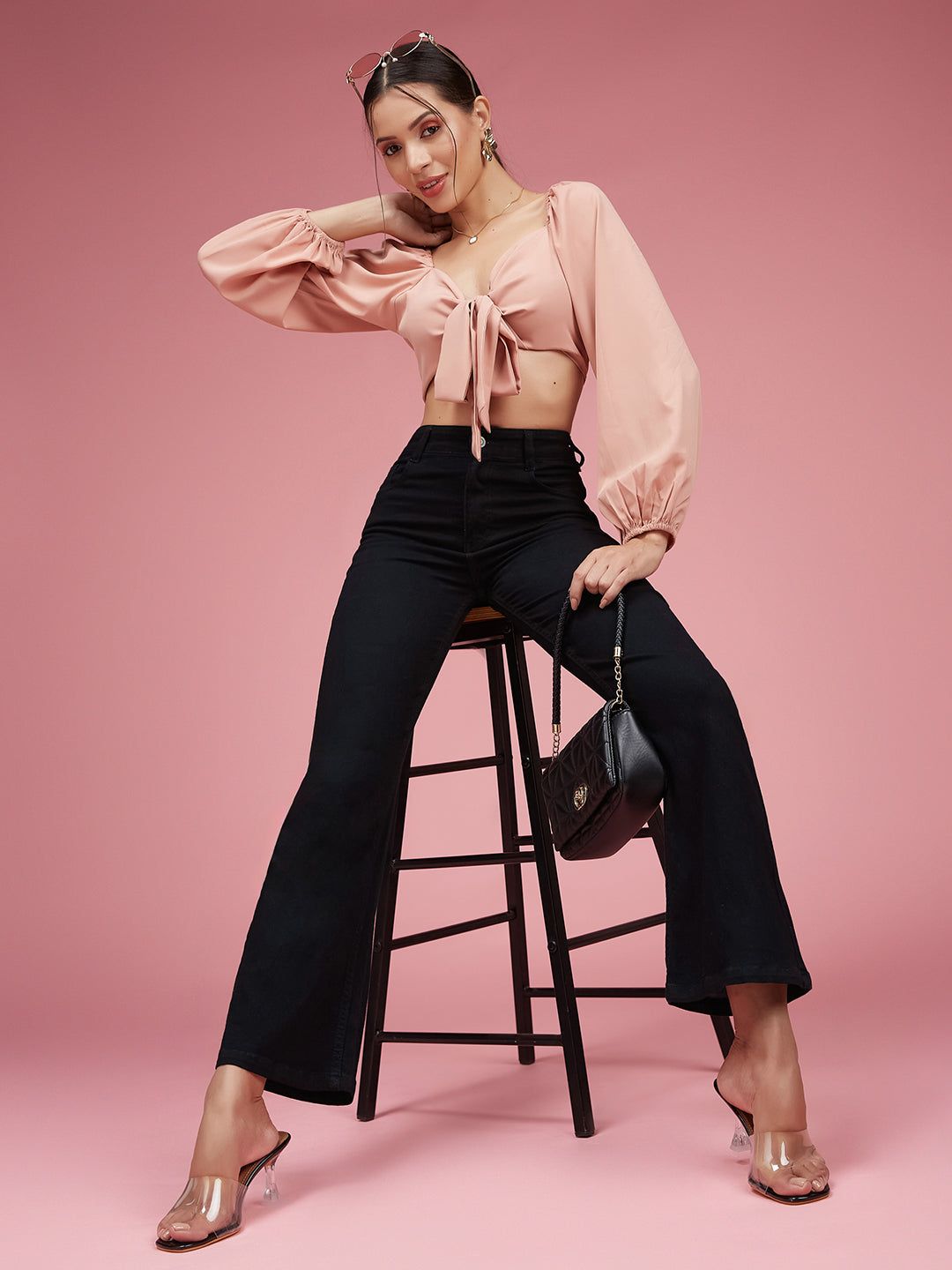 Black Bootcut Jeans with Peach Crop Top and Mules — Black Bootcut Jeans Outfits 2027
