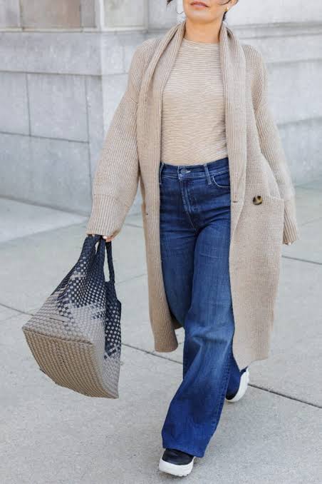 Beige Longline Cardigan with Striped Top and Jeans Beige Longline Cardigan with Striped Top and Jeans — Fall Cardigan Outfits 2026