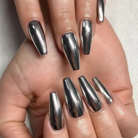 Silver Chrome Mirror Finish Coffin Nails — Long Coffin Nails 2027