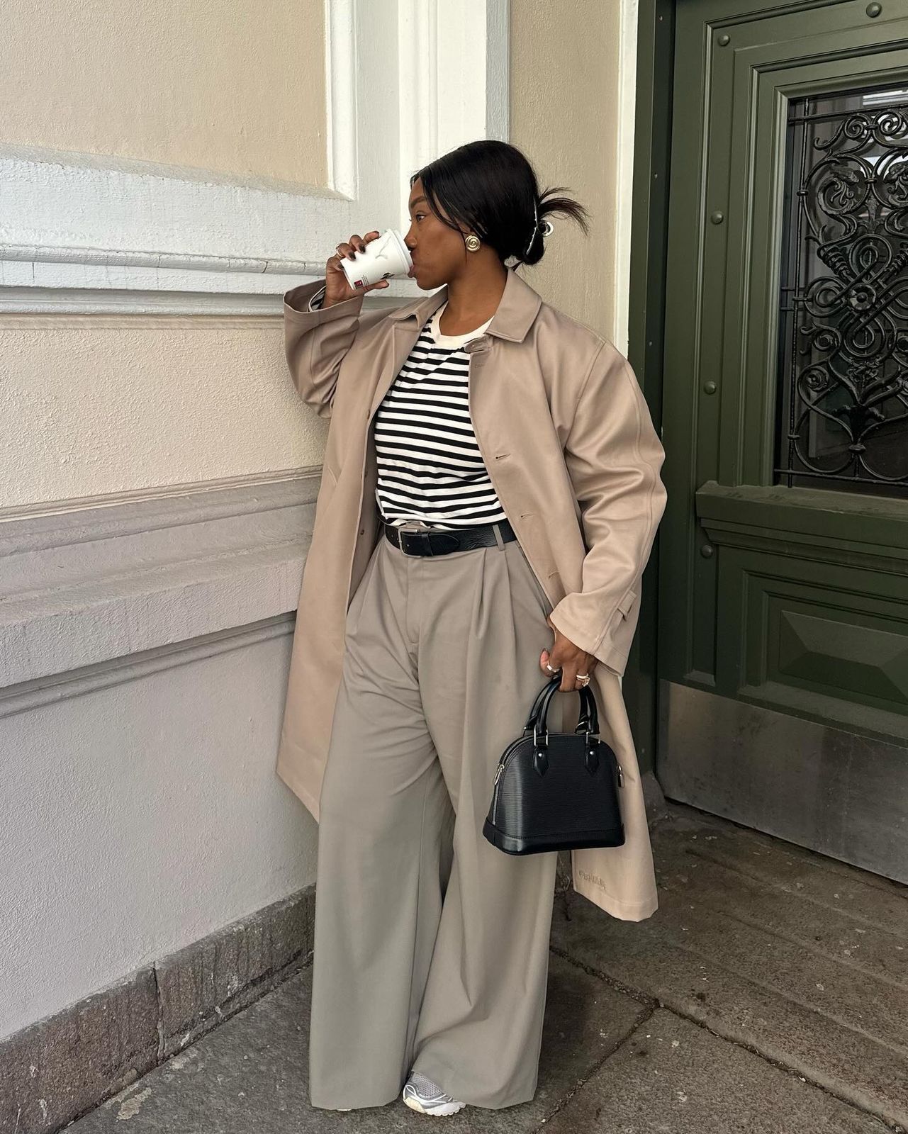 Oversized Beige Trench Coat Over Striped Tee — Modern Heirloom Outfits 2027