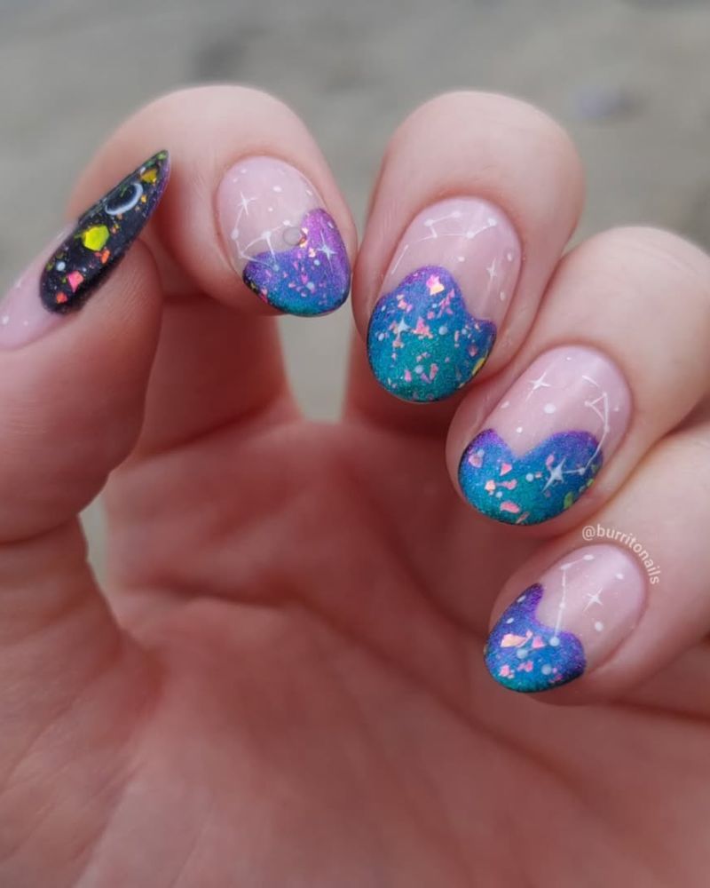 Long Stiletto Blue Green Galaxy with 3D Silver Accents Long Stiletto Blue Green Galaxy with 3D Silver Accents — Galaxy Nails 2027