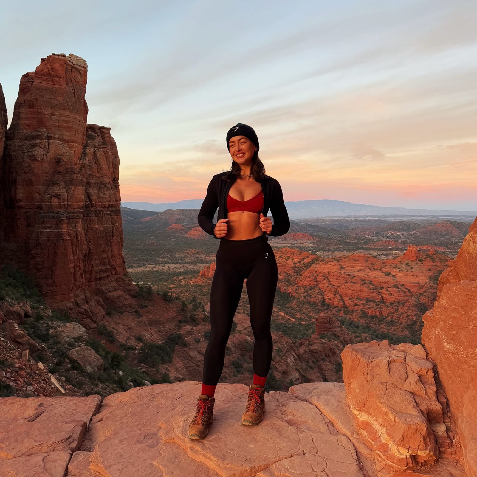 Bold Red Sports Bra with Black Layers for Trail Performance — Athletic Hiking Outfits 2027