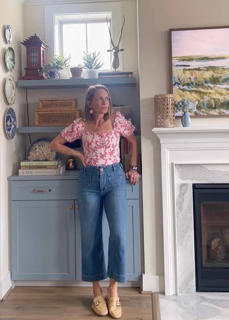 Cropped Medium Blue Wide-Leg Jeans with a Floral Puff-Sleeve Top Cropped Medium Blue Wide-Leg Jeans with a Floral Puff-Sleeve Top — Spring Outfits 2027 with Jeans