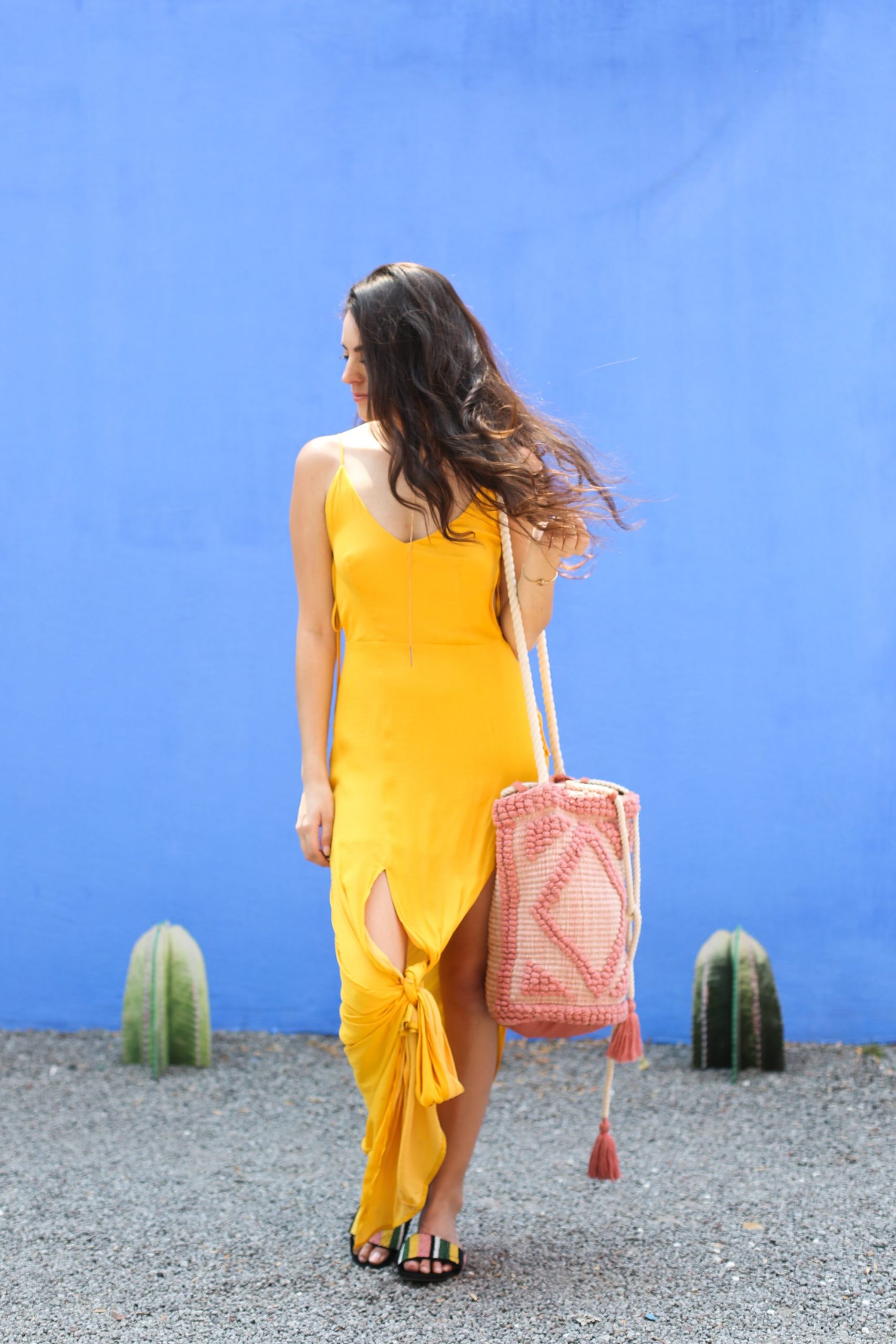 Yellow Silk Slip Dress with Knot Detail and Flat Sandals Yellow Silk Slip Dress with Knot Detail and Flat Sandals — Mexico City Outfits 2027