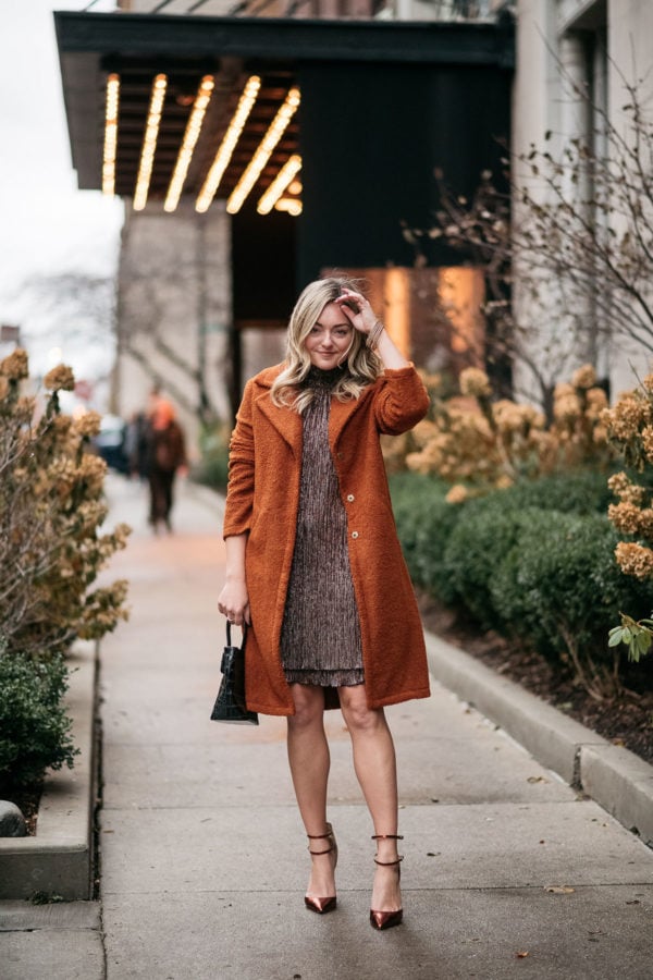 Glamorous Evening: Bouclé Coat and Metallic Dress Glamorous Evening: Bouclé Coat and Metallic Dress — Chicago Outfits 2027