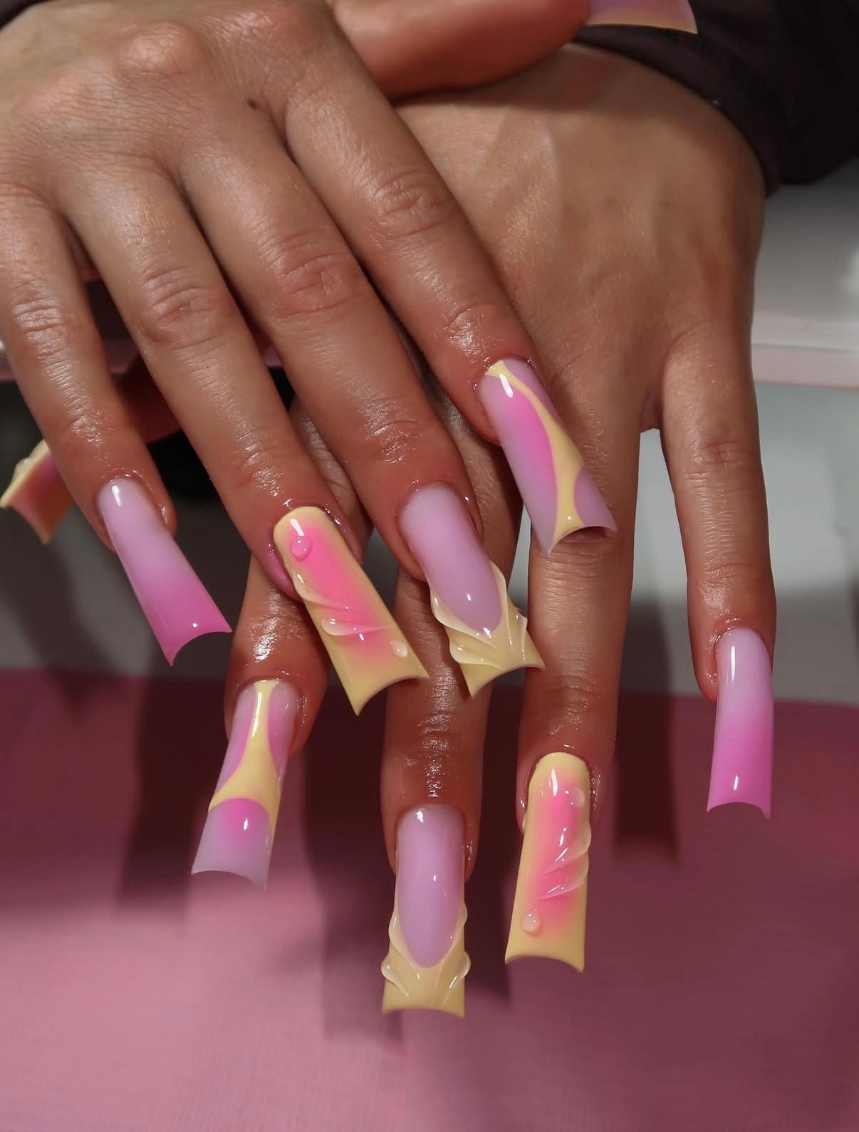 Extra-Long Stiletto Pink Gradient with Yellow Accents Extra-Long Stiletto Pink Gradient with Yellow Accents — Pink Duck Nails 2027