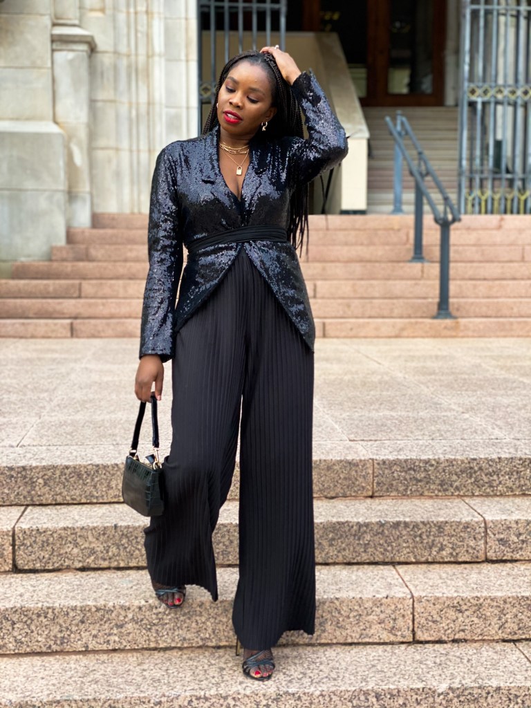 Cinch-Waist Sequin Blazer Over Wide-Leg Pants Cinch-Waist Sequin Blazer Over Wide-Leg Pants — Christmas Party Outfits 2026
