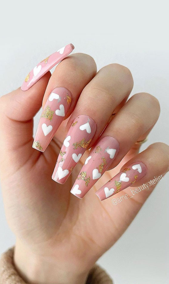 Pale Pink Scattered Heart & Gold Foil Coffin Nails Pale Pink Scattered Heart & Gold Foil Coffin Nails — Short Heart Coffin Nails 2027