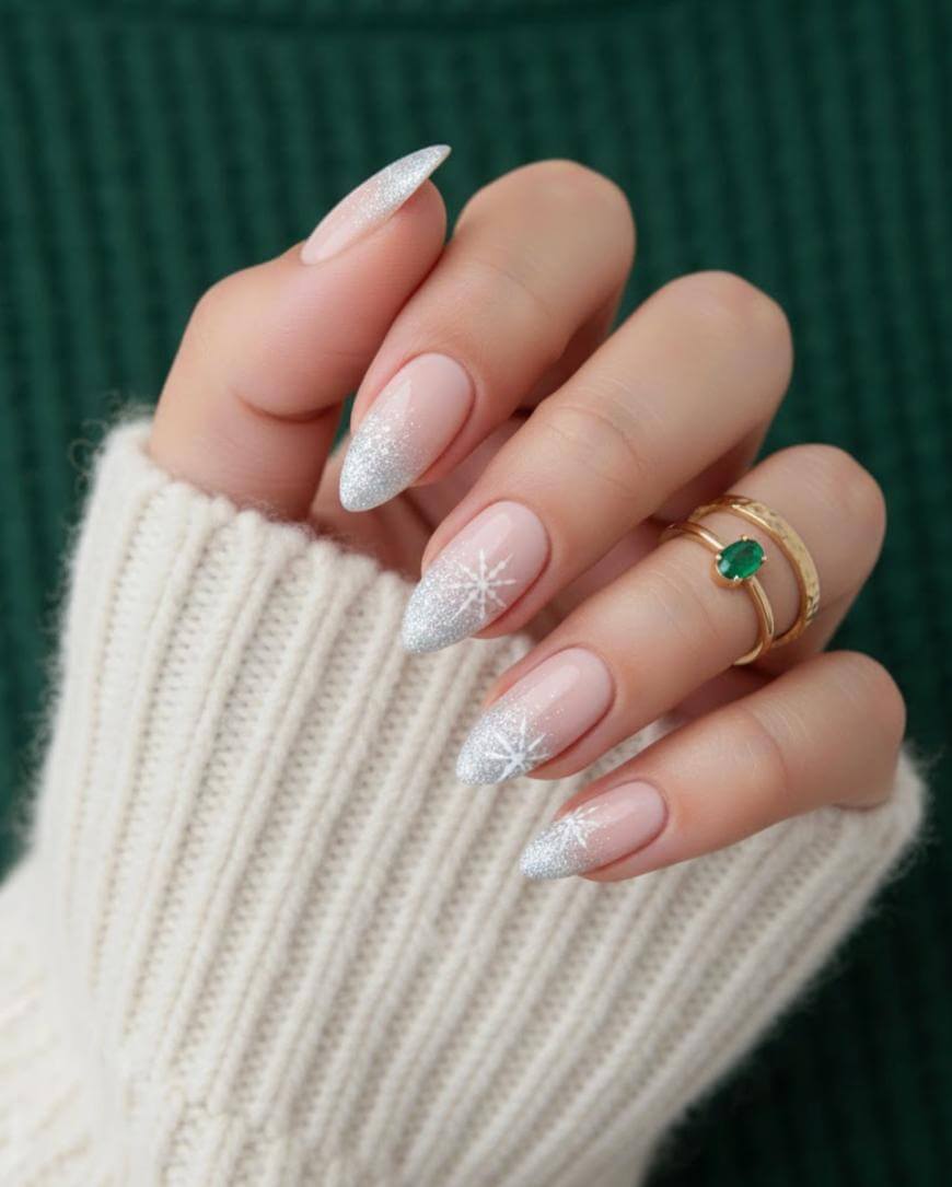 Sheer Nude Glitter Ombre Snowflakes — Long Christmas Nails 2026
