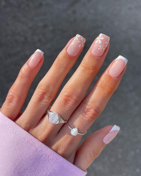 Floral French Short Square Nails Floral French Short Square Nails — Short Prom Nails 2027