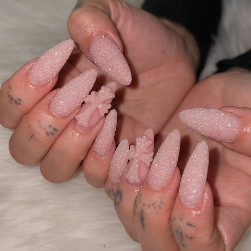 Pale Pink Iridescent Glitter with Cross Charms Pale Pink Iridescent Glitter with Cross Charms — Glitter Nails 2027