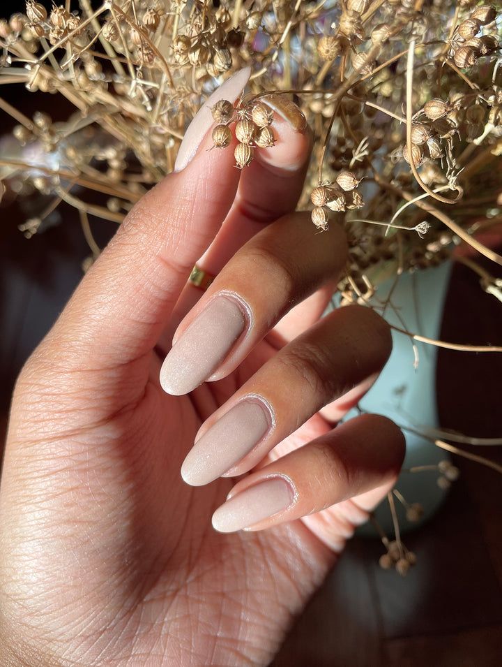 Sheer Light Beige Satin Shimmer Oval Nails Sheer Light Beige Satin Shimmer Oval Nails — Champagne Nails 2027