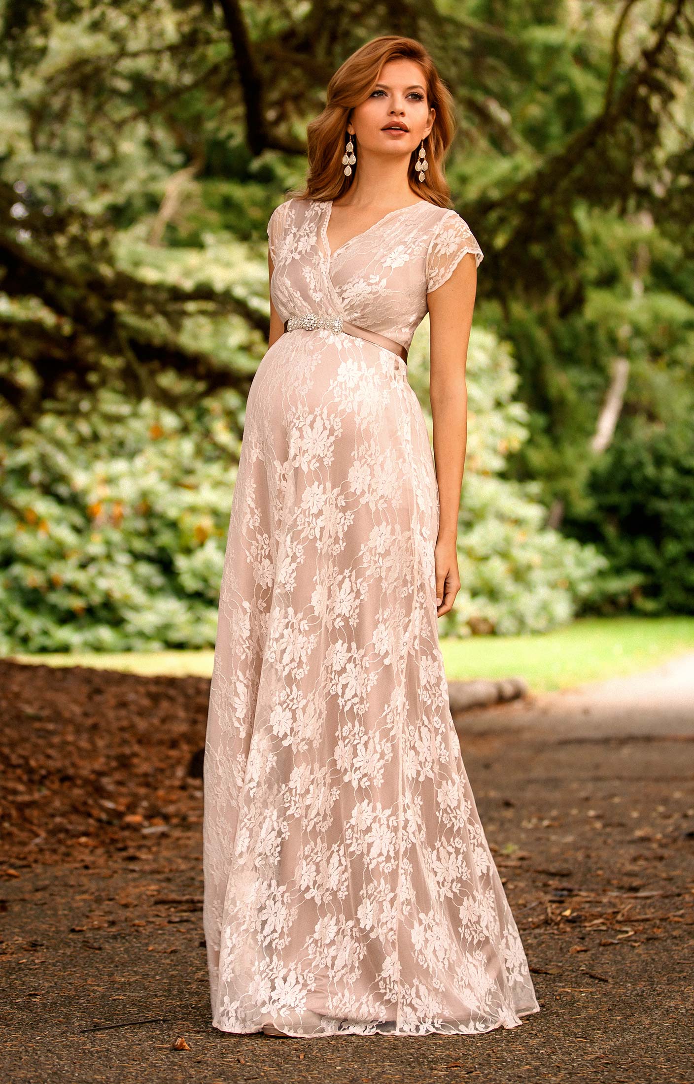 Blush Pink Lace Overlay Maternity Gown with Embellished Belt Blush Pink Lace Overlay Maternity Gown with Embellished Belt — Maternity Dresses 2027