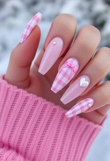 Long Coffin Plaid with 3D Bows & Pearls — Pink Bow Nails 2027