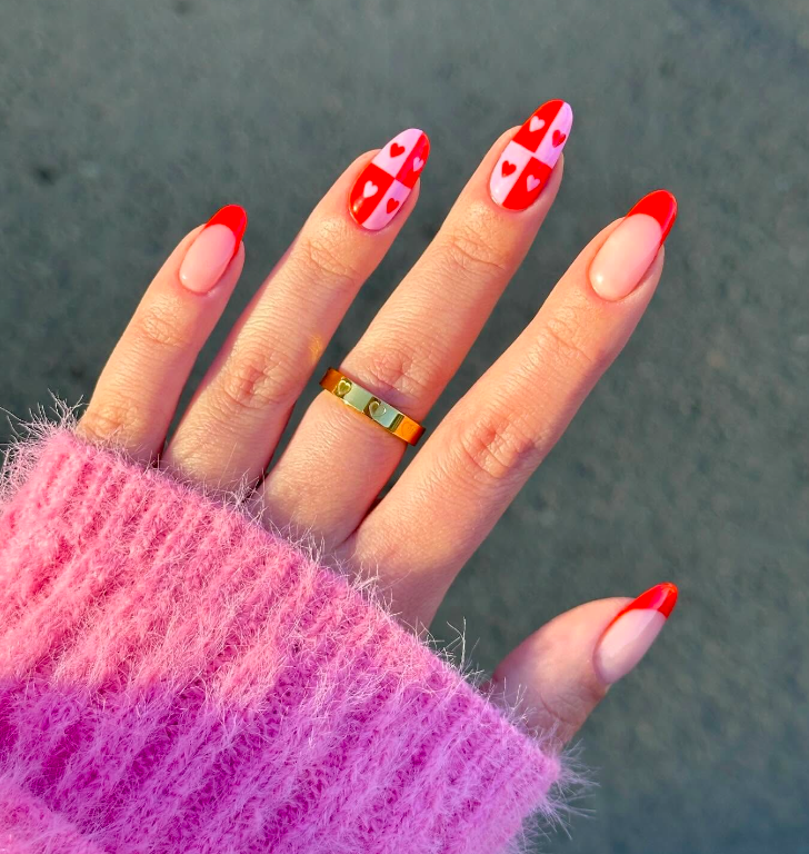 Checkerboard French Tips With Hearts Checkerboard French Tips With Hearts — Red Valentines Nails 2027
