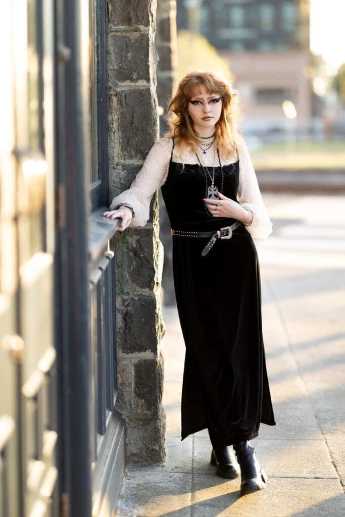 Edgy Layers: Velvet Slip Dress over Lace Top Edgy Layers: Velvet Slip Dress over Lace Top — Senior Photo Outfits 2027
