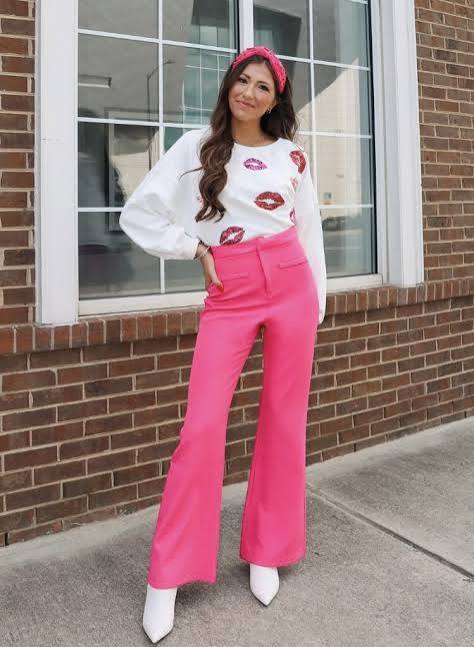 Vibrant Pink Wide-Leg Trousers with a Red Lip Print Top — Pink Valentines Outfits 2027