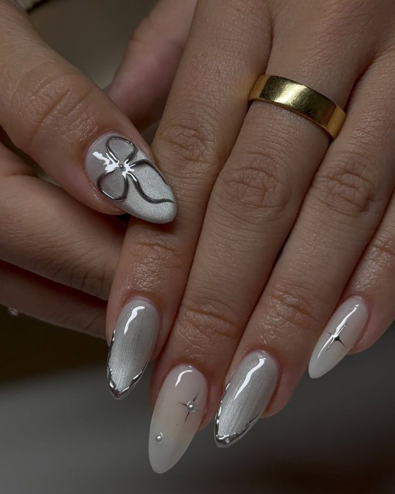 Gradient Cat-Eye Coffin with Silver Bow Charm Gradient Cat-Eye Coffin with Silver Bow Charm — Long Bow Nails 2027