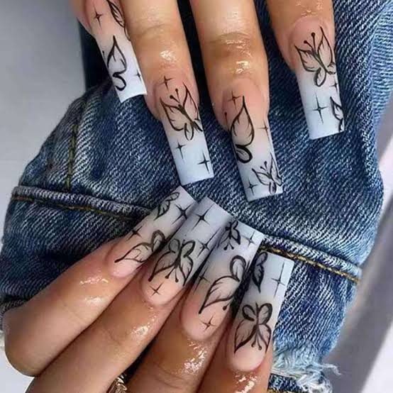 Sheer Blue Gradient Butterfly Outline Nails Sheer Blue Gradient Butterfly Outline Nails — Long Butterfly Coffin Nails 2027