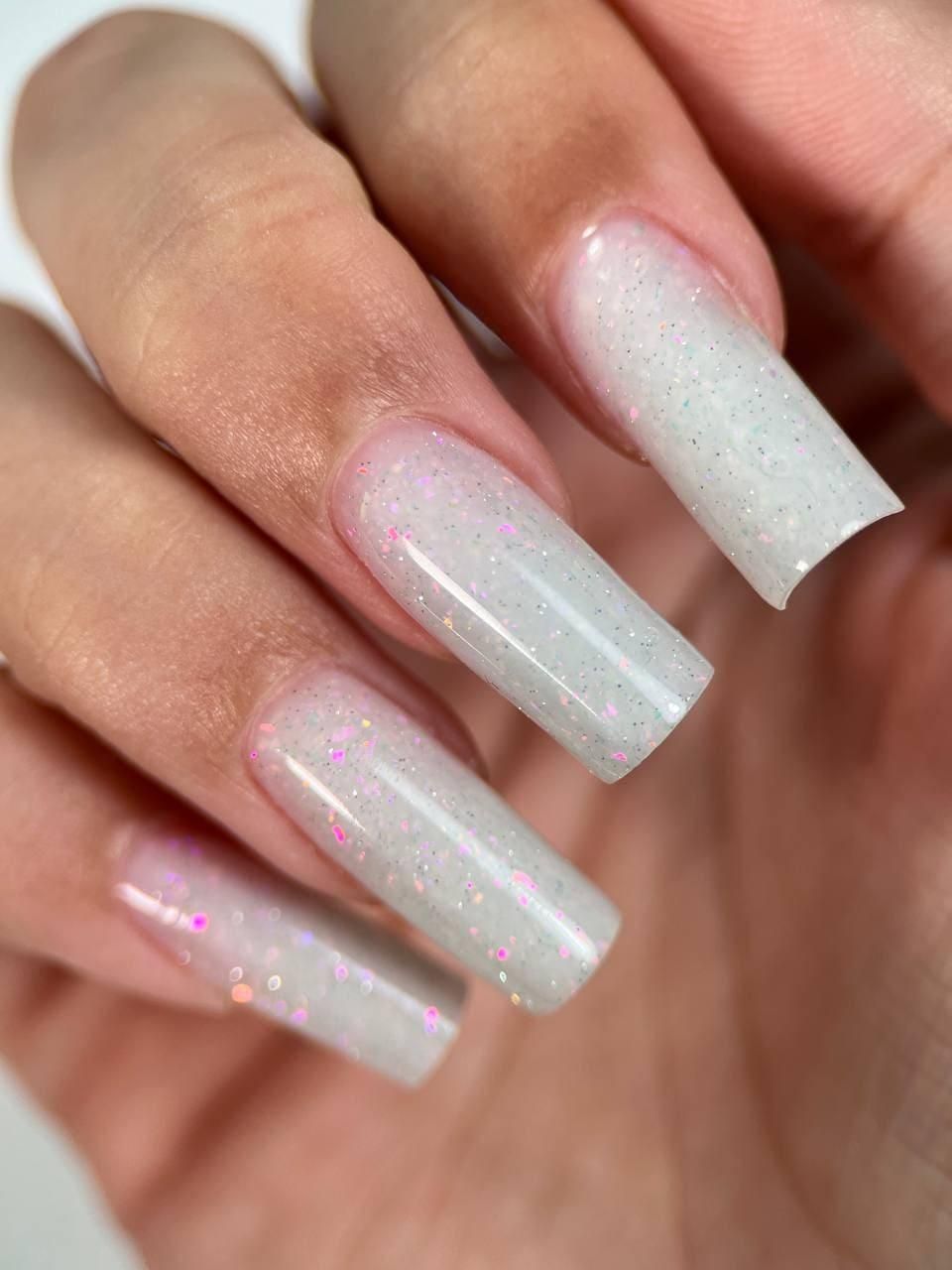 Sheer Milky White Glitter Long Square Sheer Milky White Glitter Long Square — Polygel Nails 2027