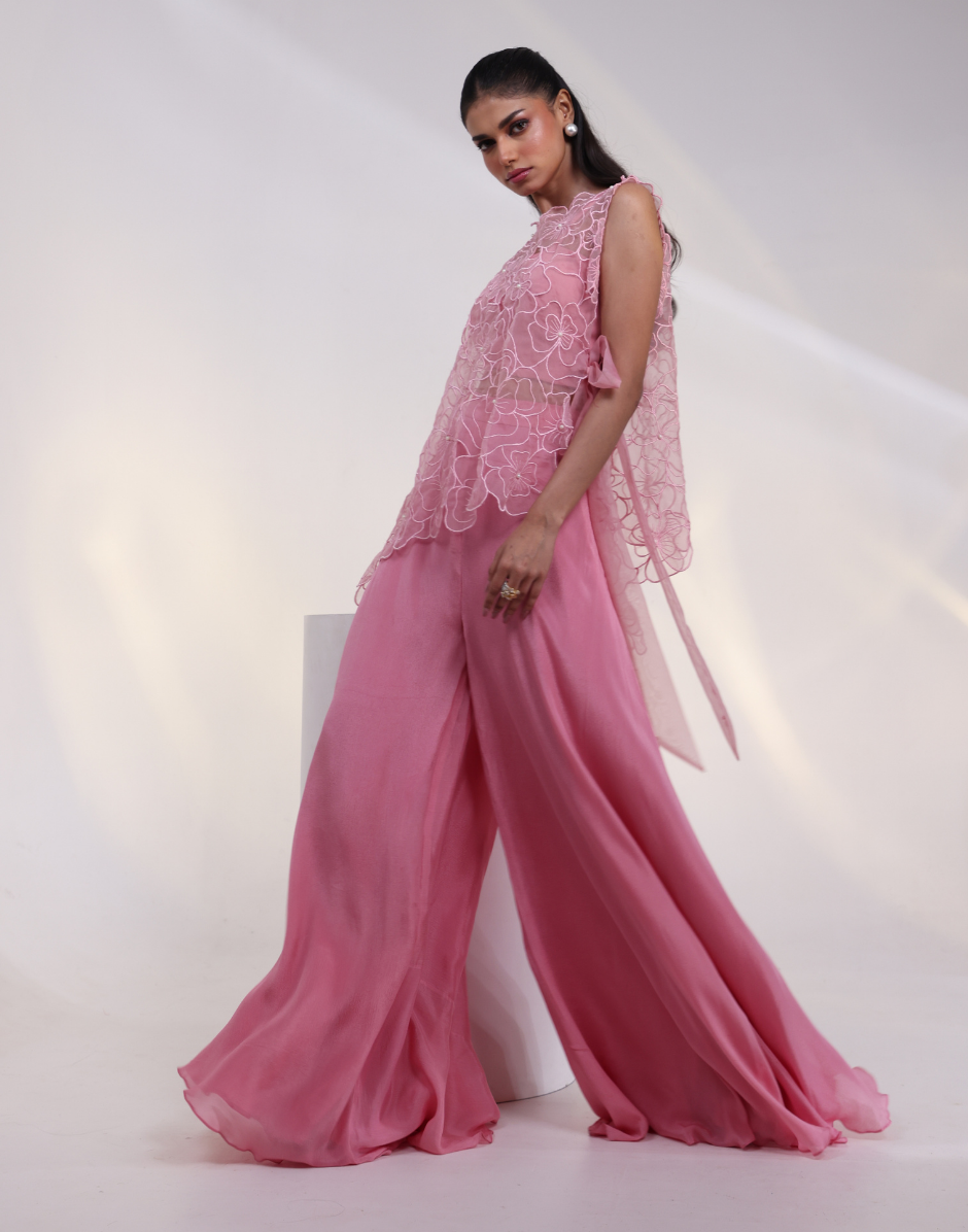 Blush Pink Ensemble with 3D Floral Organza Cape — 3D Floral Outfits 2027