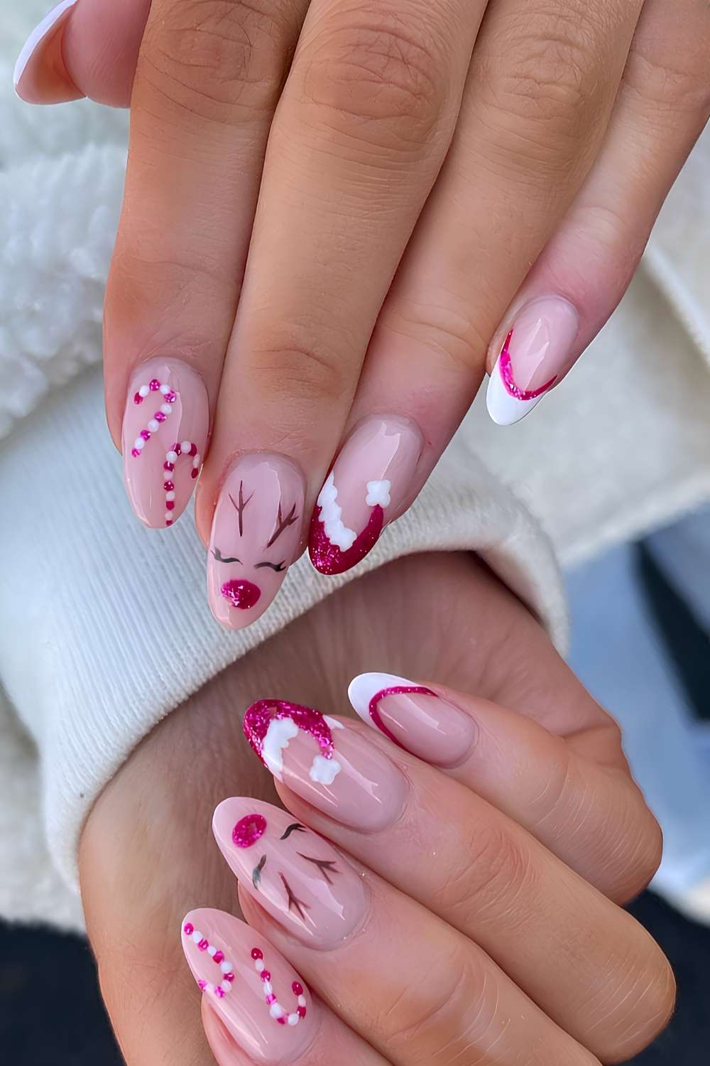 Festive Oval Nails with Reindeer Faces Festive Oval Nails with Reindeer Faces — Christmas Acrylic Nails 2026