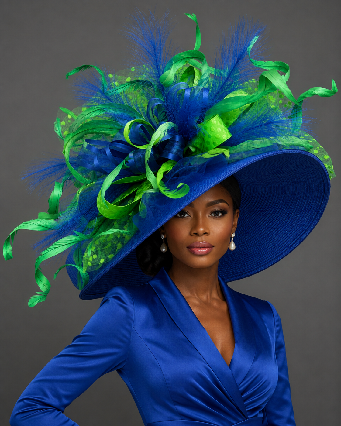 Royal Blue Satin Blazer with Feathered Hat — Kentucky Derby Outfits 2027