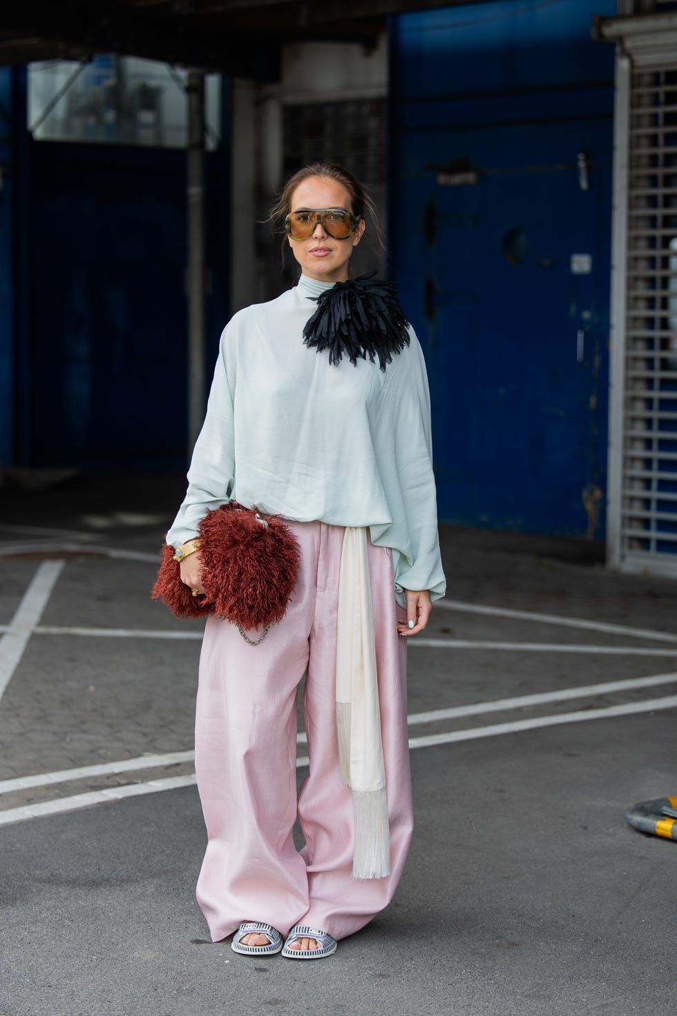 Light Blue High-Neck Blouse with Wide-Leg Linen Pants — Turtleneck Outfits 2027