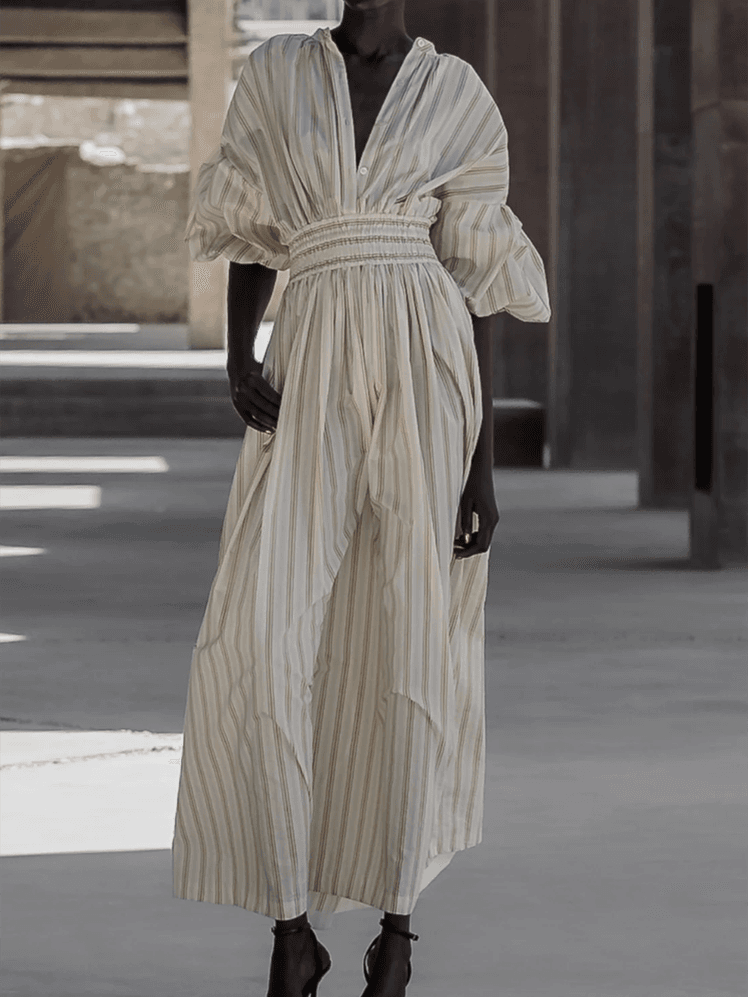 Bohemian Striped Maxi Dress with Voluminous Sleeves — Tall Women Outfits 2027