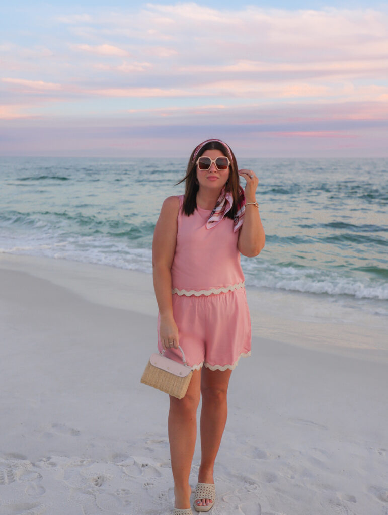 Pastel Pink Linen Shorts Set with Scalloped Trim — Spring Break Beach Outfits 2027