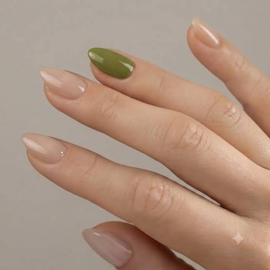 Sheer Nude with Olive Green Accent Nail Sheer Nude with Olive Green Accent Nail — Gel X Nails 2027