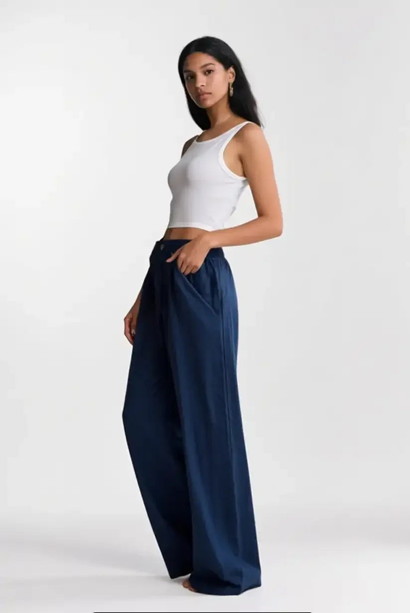Loose-Fit Navy Linen Trousers with a White Linen Shirt — Navy Blue Linen Pants Outfits 2027