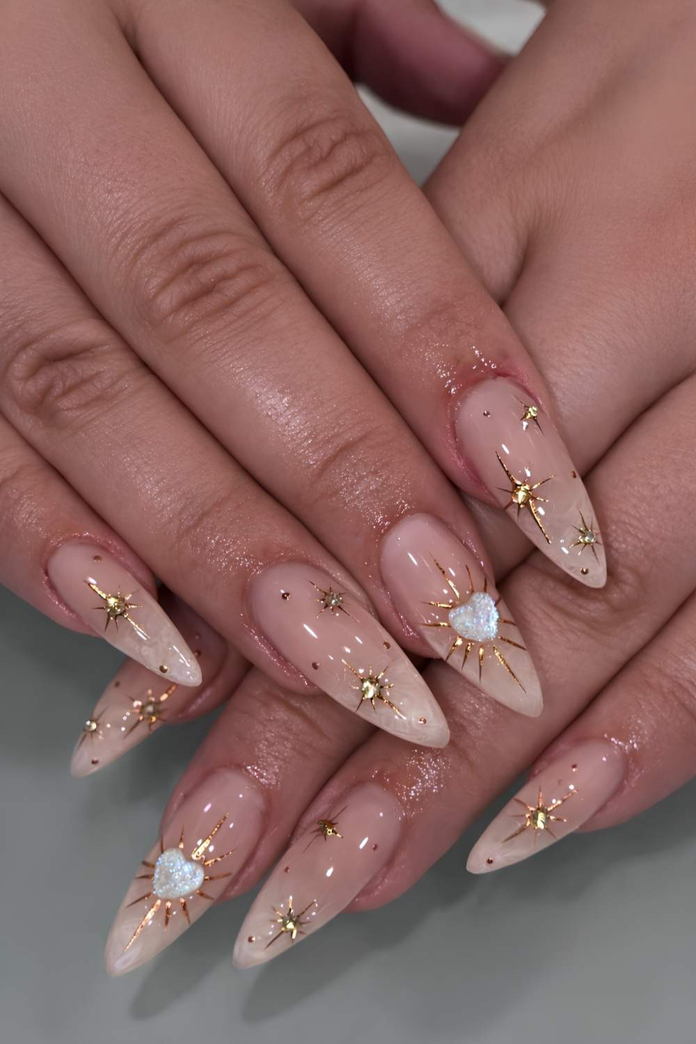 Celestial Nude Stiletto with Heart Gem Celestial Nude Stiletto with Heart Gem — Crystal Rhinestone Nails 2027