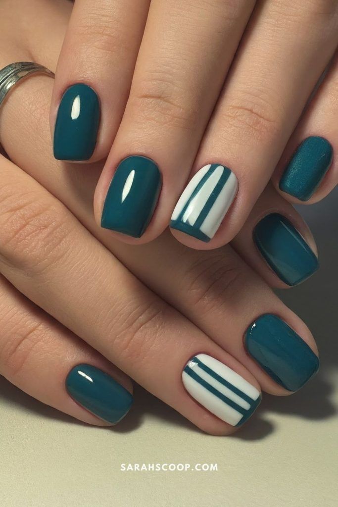 Rich Dark Teal Short Square Striped Nails — Teal Nails 2027