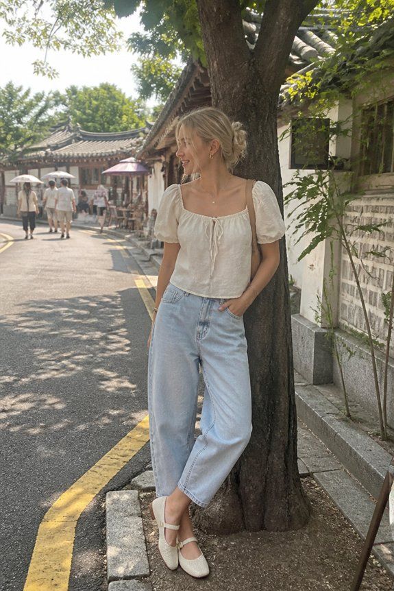 Off-White Linen Puff Sleeve Blouse with Tie-Front and Light-Wash Jeans Off-White Linen Puff Sleeve Blouse with Tie-Front and Light-Wash Jeans — Puff Sleeve Blouse Outfits 2027
