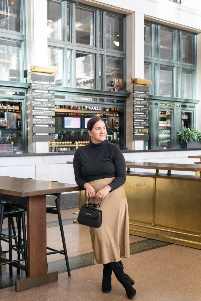 Black Turtleneck and Satin Midi Skirt Black Turtleneck and Satin Midi Skirt — Brewery Outfits 2027