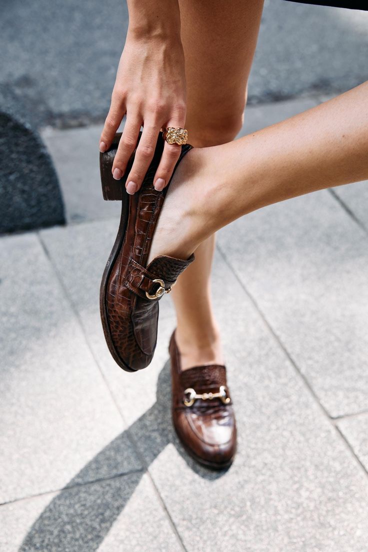 Close-Up on Brown Croc-Embossed Loafers with Gold Horsebit Detail Close-Up on Brown Croc-Embossed Loafers with Gold Horsebit Detail — Spring Outfits 2027 with Loafers