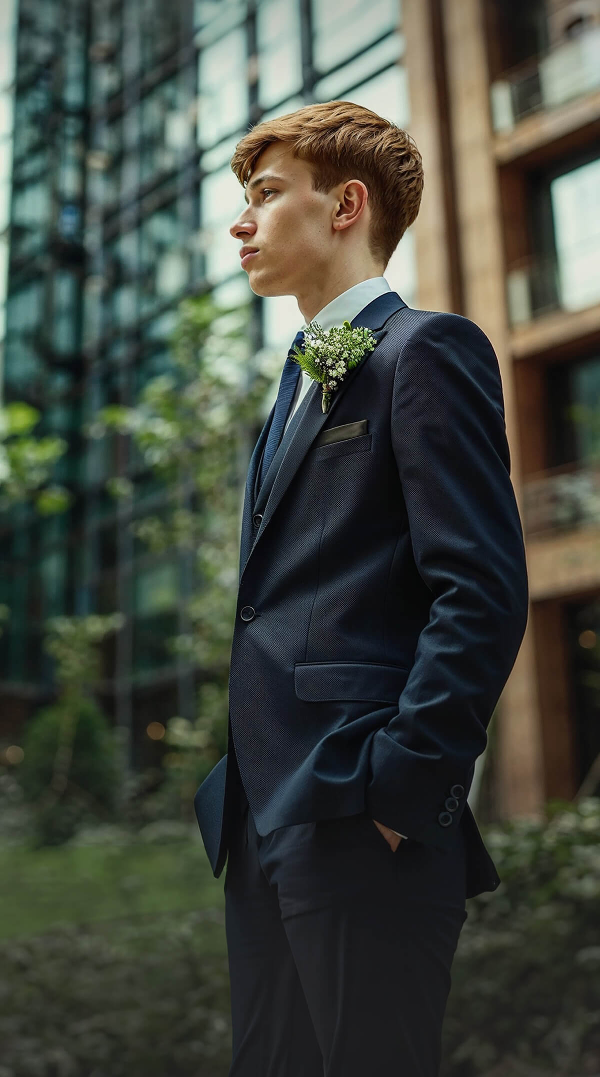 Navy Wool Blend Suit with Boutonniere for Prom Navy Wool Blend Suit with Boutonniere for Prom — Prom Outfits 2027