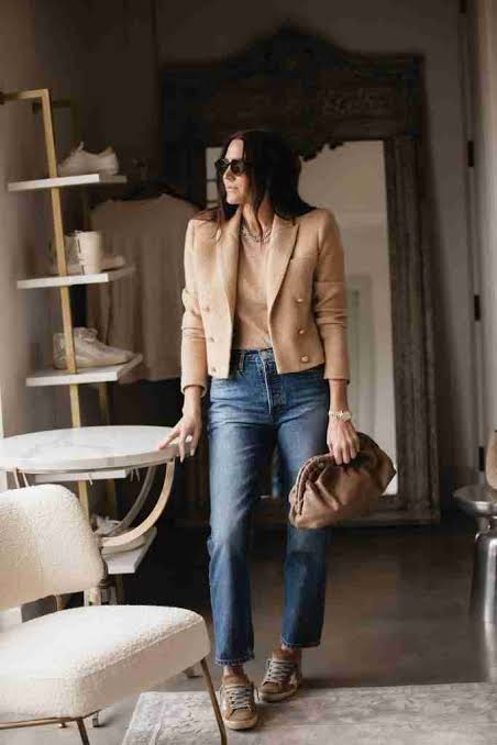 Tan Double-Breasted Cropped Blazer with Sweater and Jeans Tan Double-Breasted Cropped Blazer with Sweater and Jeans — Cropped Blazer Outfits 2027