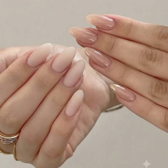 Contrasting Nude Finishes Medium Almond Nails Contrasting Nude Finishes Medium Almond Nails — Nude Nails 2027 for Mature Hands