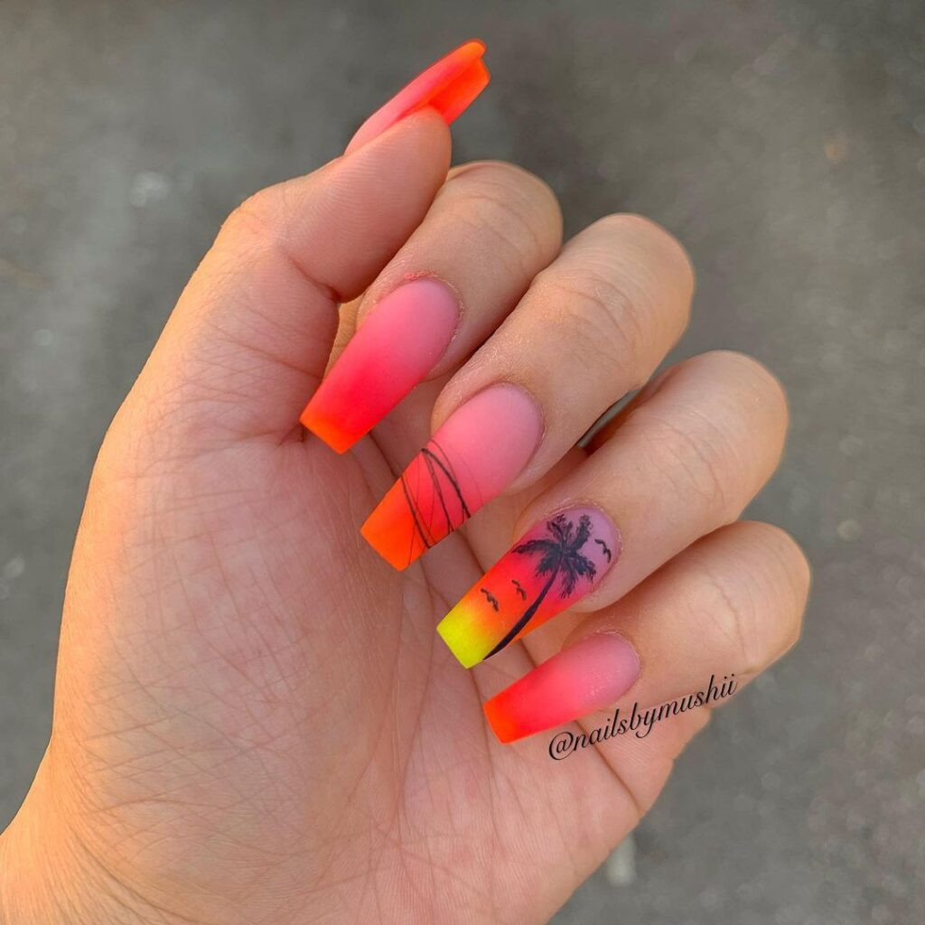 Matte Coffin Sunset with Palm and Birds Matte Coffin Sunset with Palm and Birds — Pink and Orange Sunset Nails 2027