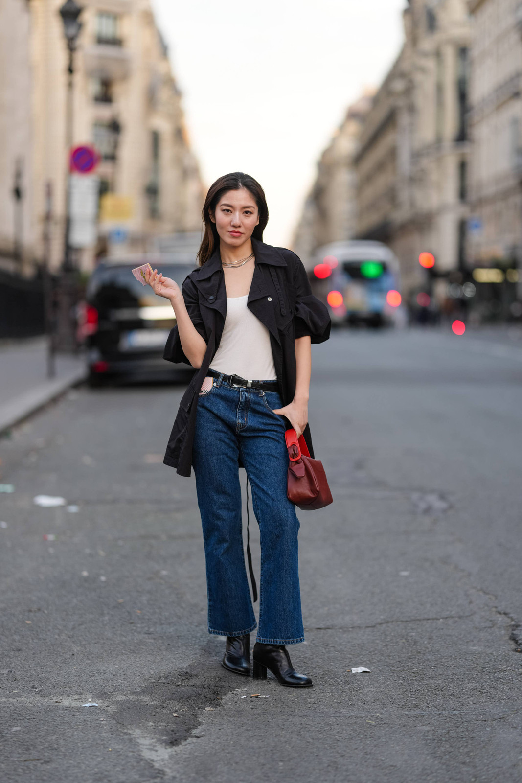Black Jacket and Wide-Leg Jeans with Red Handbag for Brunch Black Jacket and Wide-Leg Jeans with Red Handbag for Brunch — Brunch Bootcut Jeans Outfits 2027
