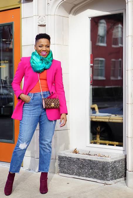 Hot Pink Blazer Over Orange Top and Denim Hot Pink Blazer Over Orange Top and Denim — Winter Colorful Outfits 2027