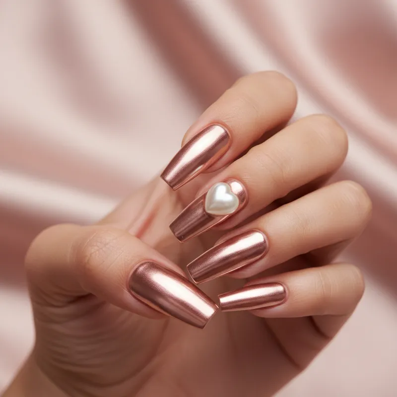 Rose Gold Chrome with Pearl Heart Coffin Nails Rose Gold Chrome with Pearl Heart Coffin Nails — Date Night Nails 2027
