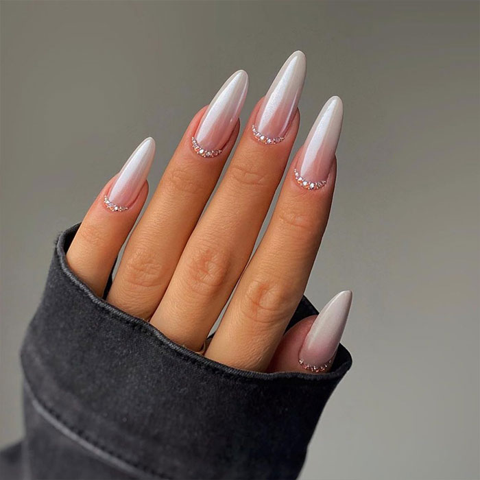 Pearlescent Pink to White Gradient with Rhinestone Cuticles Pearlescent Pink to White Gradient with Rhinestone Cuticles — Long Almond Nails 2027