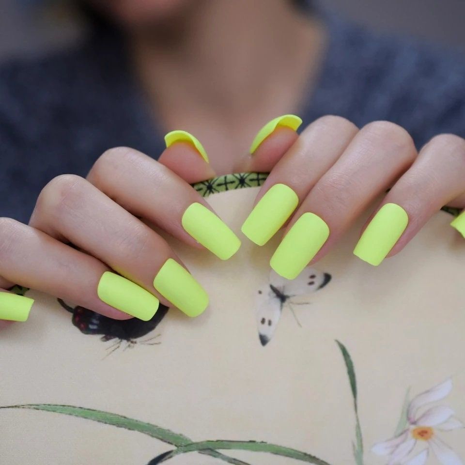 Matte Neon Yellow-Green Long Squares — The Camera Angle Is Straight On Matte Neon Yellow-Green Long Squares — The Camera Angle Is Straight On — Neon Matte Nails 2027
