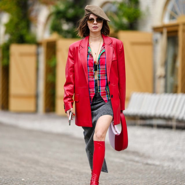 Bold Contrast: Flannel Under a Red Faux Leather Blazer with Mini Skirt Bold Contrast: Flannel Under a Red Faux Leather Blazer with Mini Skirt — Flannel Outfits 2027
