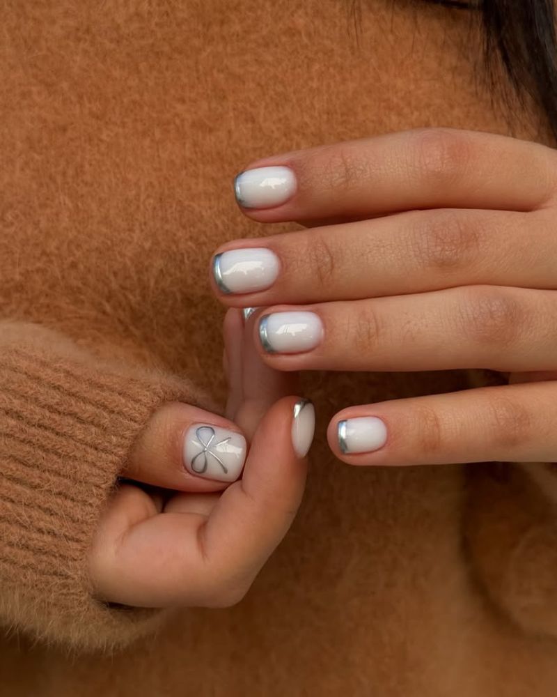 Single Silver Bow White Squares Single Silver Bow White Squares — Small Bow Nails 2027