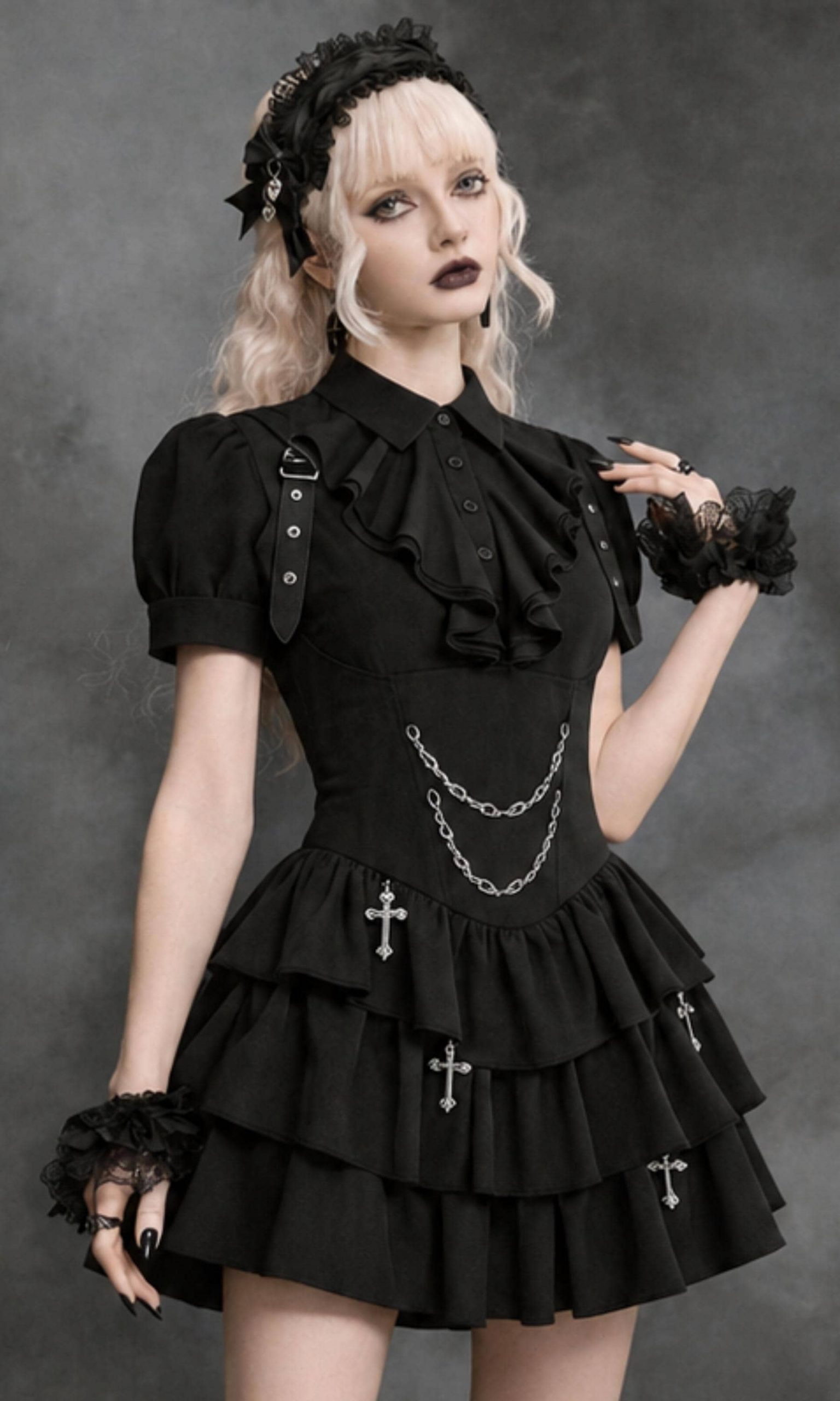 Corset Style Mini Dress Embellished with Chains and Cross Charms Corset Style Mini Dress Embellished with Chains and Cross Charms — Dark Romantic Outfits 2027